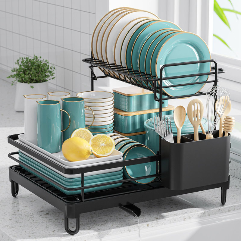 ColorLife Dish Drying Rack X Large Stainless Steel Dish Rack For Kitchen Counter 2 Tier Kitchen Organizers And Storage For Dishes Bowls Cutlery Black Wayfair